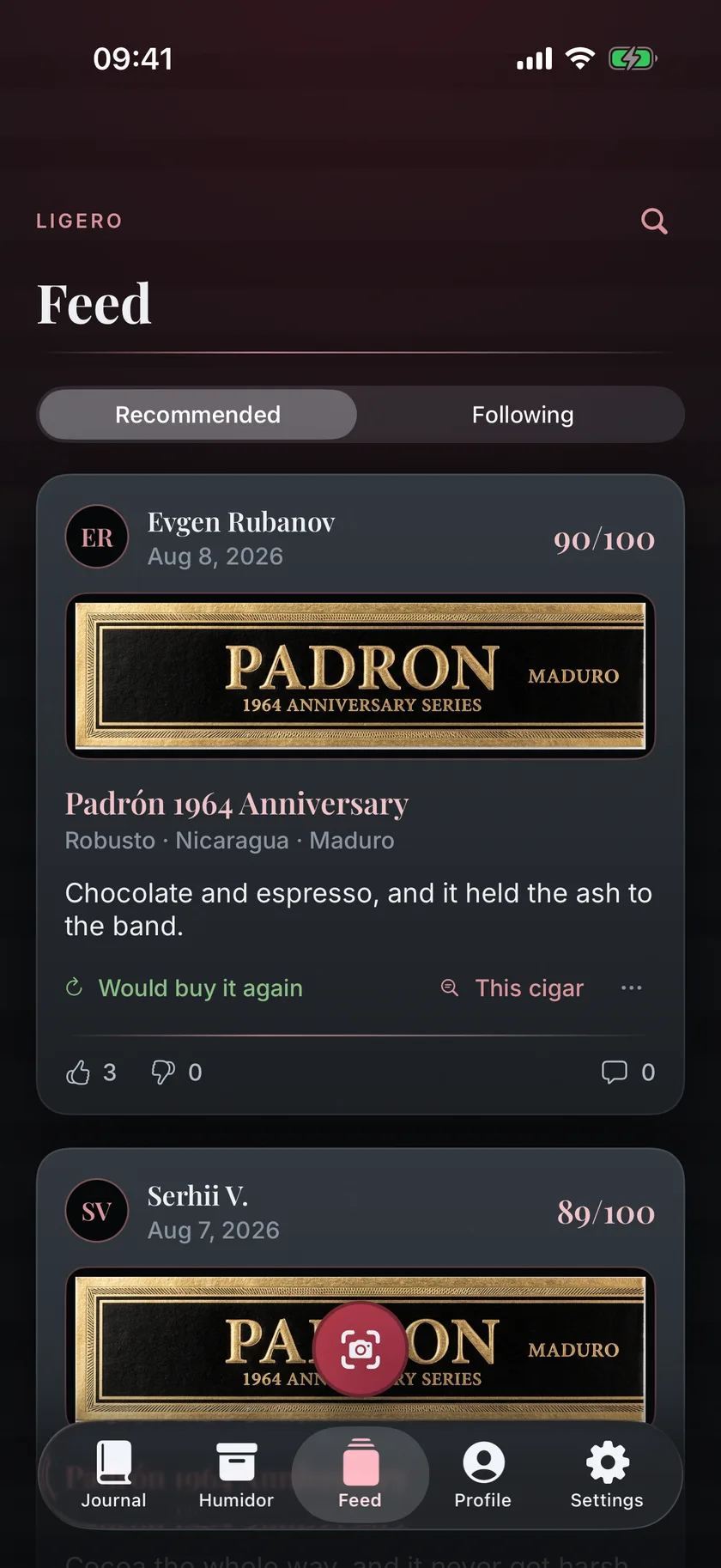 Ligero feed: published reviews with the cigar band, the score and the verdict