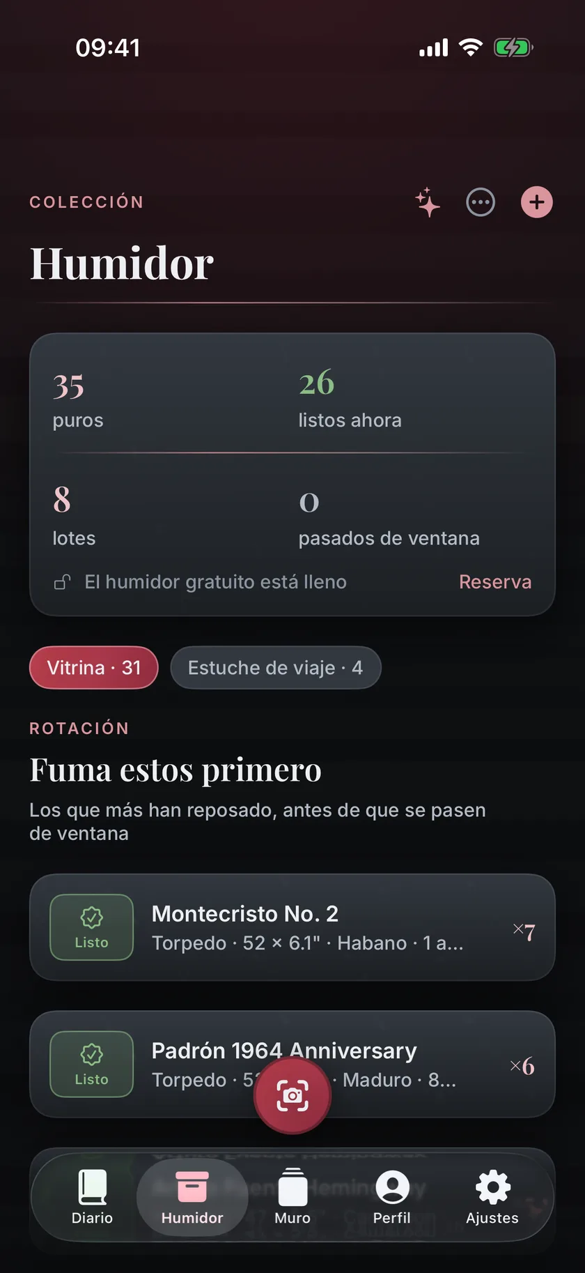 Inventario del humidor en Ligero: lotes en la vitrina con su tiempo de reposo